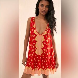 FREE PEOPLE Intimately Tunic Dress Small red Orange Floral Viscose Voile